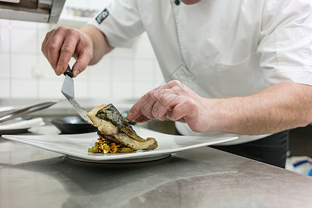 厨师在餐厅吃盘子鱼厨房商业鲤鱼成人精加工躯干酒店烹饪男人白色图片