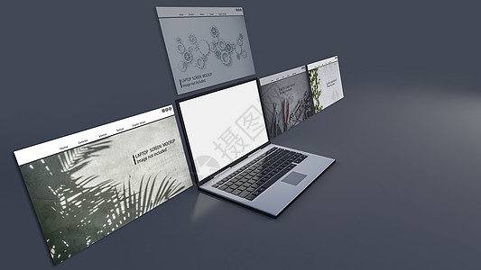 笔记本电脑在深灰色背景上的 3d 渲染图像技术屏幕展示截屏键盘桌面小样插图工具推介会图片