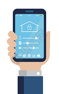 智能手机应用程序来控制智能家居智能家居 手里拿着智能手机的平面插图创新电脑安全建筑力量房子电话自动化网络技术图片