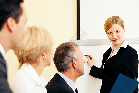 在会上介绍企业情况会议头脑主持人套装教育人士训练女性团队演讲展示图片