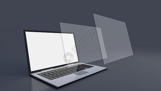 笔记本电脑在深灰色背景上的 3d 渲染图像工具网络互联网商业广告截屏监视器推介会键盘小样图片