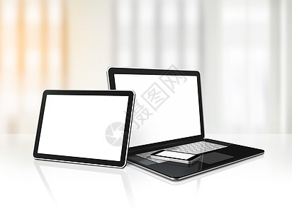 电话和数字平板电脑在办公室 des空白监视器技术插图反射互联网数位板电子产品商业屏幕图片