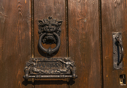 以狮子头形的黄铜敲门 漂亮的入屋入口 很美丽金子古董建筑学木头门把手旅行青铜门铃圆圈历史图片