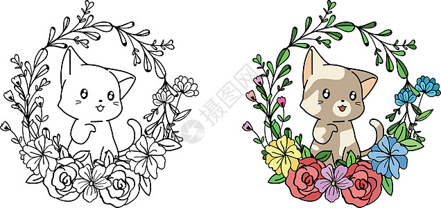 带花环卡通着色页的可爱猫咪角色乐趣插图微笑小猫绘画宠物涂鸦婴儿女孩野生动物图片