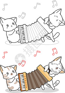 可爱的猫正在演奏手风琴卡通着色页染色卡通片彩页艺术填色涂鸦打印铅笔婴儿小猫图片