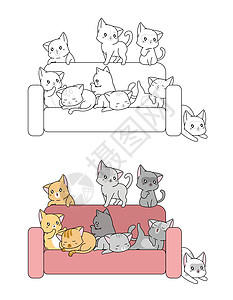 卡哇伊猫在沙发卡通着色页为孩子小猫猫科虎斑房子宠物女士晶须猫咪毛皮女孩图片