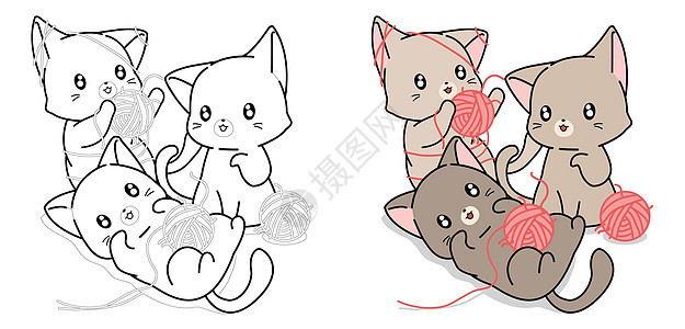 孩子的三只淘气猫卡通着色页图片