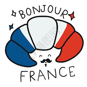 Bonjour 在英语法国单词和羊角面包卡通矢量插画中的意思是早上好涂鸦咖啡早餐旗帜传统食物卡通片签名餐厅标识图片