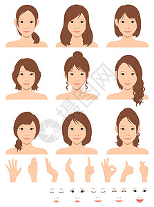 年轻女性矢量插图集发型变化手势和情绪面部模式 se卡通片化妆品皮肤女孩女士情感微笑化身比例头发图片