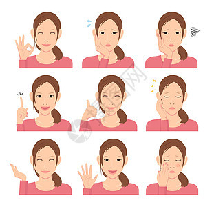 年轻女性矢量插图集手势和情绪面部变化女士头发快乐符号化身表情情感上半身眼睛化妆品图片