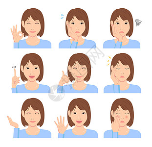 年轻女性矢量插图集手势和情绪面部变化皮肤化妆品符号卡通片比例表情情感女士上半身化身图片