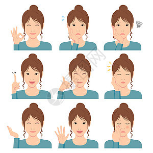 年轻女性矢量插图集手势和情绪面部变化上半身化身女士皮肤符号化妆品表情眼睛情感快乐图片