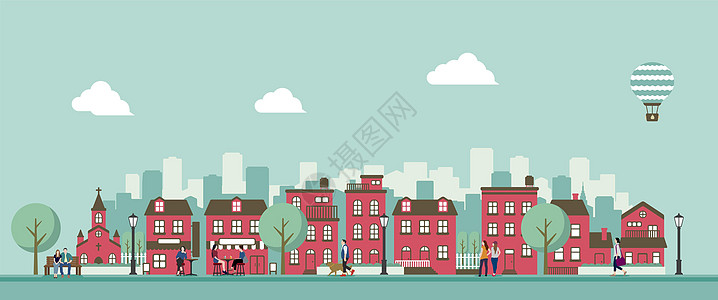 现代城市街道平面矢量插图人们在日常生活中横幅店铺办公室住宅卡通片房子建筑学城市摩天大楼墙纸图片