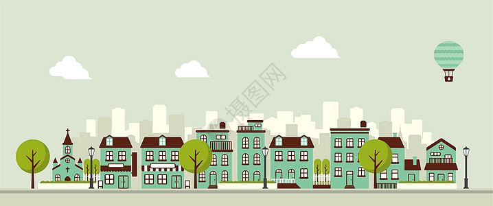 现代城市城镇街道平面矢量插图没有人墙纸天际全景卡通片房子教会城市旅行环境人行道图片