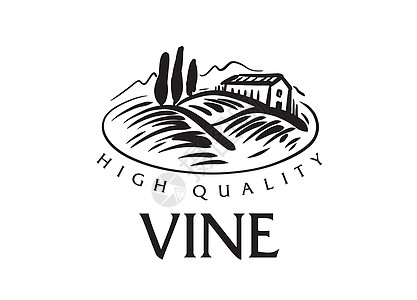 手工绘制的矢量标志 用于酿酒的葡萄园景观艺术插图雕刻标识场地标签墨水绘画植物草图图片