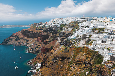 希腊圣托里尼Santorini 日落 希腊圣托里尼路灯天空火山口蓝色粉饰建筑游客地平线景观村庄图片