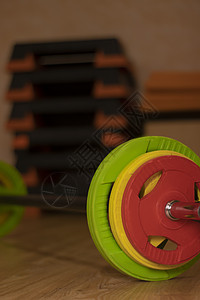 一个带有三个多色该死的酒吧的酒吧  红色黄色和绿色 在健身房 运动理念锻炼架子哑铃建筑耐力地面有氧运动合金身体重量图片