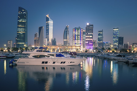 科威特市晚上的天线街道日落码头建筑日出首都蓝色旅行天际天空图片