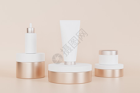 3D插图显示用于化妆品产品或黄金讲台上广告的混合浸泡水瓶 乳液管和奶油罐图片