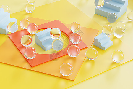 与方形的纸cardsblue台阶和玻璃球体的抽象几何黄色背景  3d 渲染图对角线卡片插图床单正方形橙子脚步墙纸蓝色阴影图片