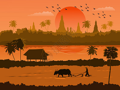 与在领域工作的农夫的泰国日落视图 背景有一条河和一座佛寺图片