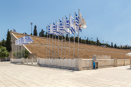 希腊雅典Panathenaic体育场旗帜戒指脚步仪式首都跑步天空运动建筑学旅行图片