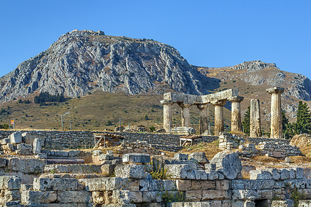 希腊古希腊科林斯的阿波罗寺庙历史性地标石头旅游历史假期蓝色旅行考古学建筑学图片