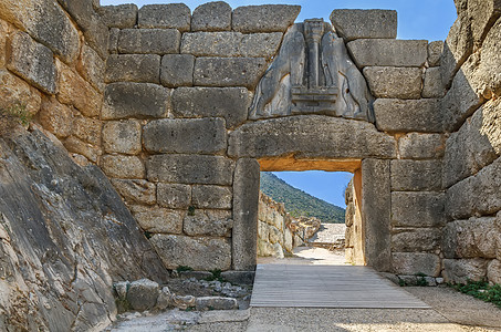 希腊Mycenae狮子门纪念碑历史历史性考古学旅游堡垒石头入口废墟旅行图片