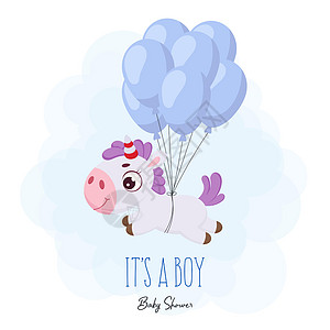 迎婴派对贺卡 上面有可爱的魔法独角兽在气球上飞翔 有趣的魔法独角兽卡通人物与短语它是一个男孩 明亮的彩色幼稚股票矢量图卡片生日卡图片