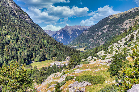 来自西班牙加泰罗尼亚的美丽的比利牛斯山脉景观登山农村森林公园山脉天空顶峰风景远足松林图片