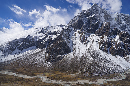 喜马拉雅山平原山谷和塔波切山峰图片