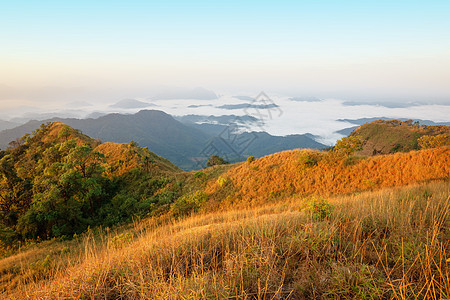 从最高点看山区的景色丘陵阳光草地公园环境森林国家土地顶峰天空图片