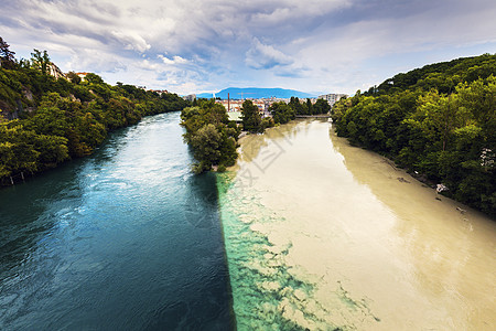 城市流动日内瓦Rhone河和Arve河汇合城市旅行天际全景蓝色地标市中心建筑学背景