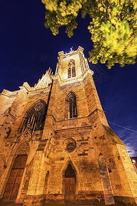 科尔马尔圣马丁教堂城市地标蓝色街道市中心日落建筑灯光旅行文化图片