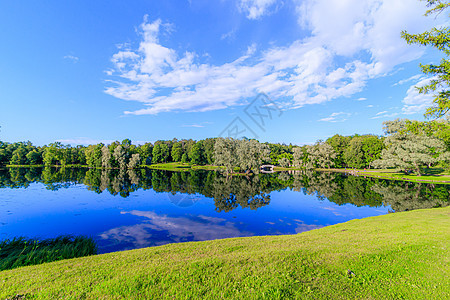 夏天的晚上在公园里有一个湖 夏季景观 俄罗斯的性质 维护良好的公园 晚上的光滑度 水中的倒影全景晴天反射地平线森林湖水远足职业日图片