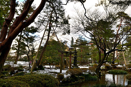 冬季Kenroku En花园景象木头庭园旅行灯笼樱花季节风景公园池塘花朵图片