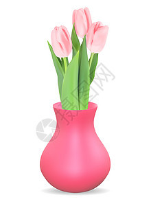 逼真的 3d 花瓶与郁金香花 它制作图案矢量庆典花束活力花园插图郁金香叶子反射水彩白色背景图片