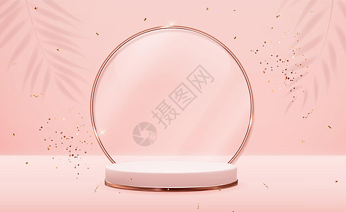 逼真的 3d 玫瑰金底座 金色玻璃环框覆盖粉红色柔和的自然背景 化妆品产品展示时尚杂志的时尚空领奖台展示 它制作图案复制空间矢量图片