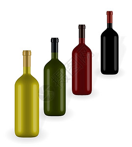 五颜六色的自然主义封闭式 3D 酒瓶 颜色不同 没有标签 它制作图案矢量产品品牌酒厂宏观液体插图玫瑰瓶子酒精饮料图片