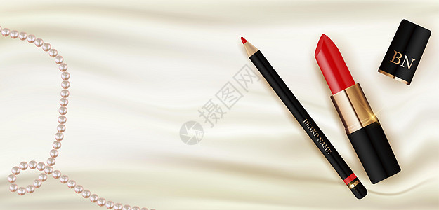 3D 逼真的唇膏和铅笔在白色丝绸上与珍珠设计模板的时尚化妆品产品为或杂志背景 矢量插图图片