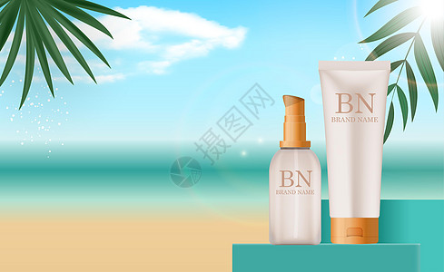 3D 逼真的防晒霜瓶设置在夏季海洋背景棕榈叶上 时尚化妆品产品设计模板 它制作图案矢量图片