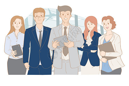 业务管理团队五人合作成功 有姿势的男性和女性商务人士看起来自信办公室商务人士手绘风格图片
