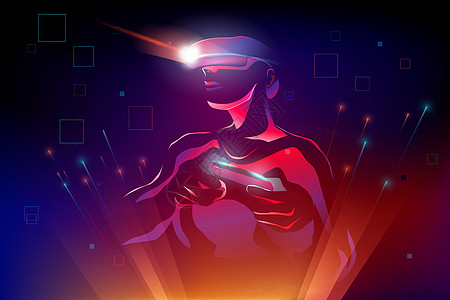剪影男子穿着虚拟现实设备 VR 在抽象数字 3中玩 gamemove 运动图片