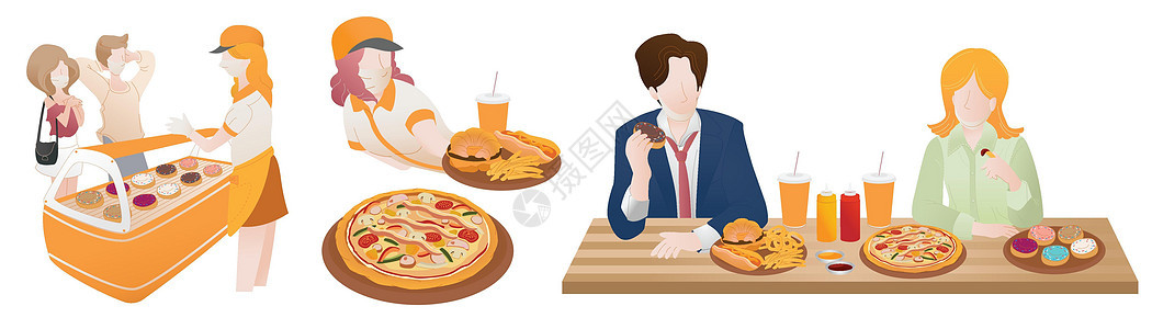 一组人平面矢量图 在工作时间 男人和女人都喜欢在快餐店吃垃圾食品 幸福时刻图片