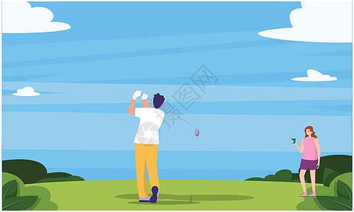 一对夫妇在花园里打高尔夫球公园闲暇活动乐趣运动场地游戏女士插图课程图片