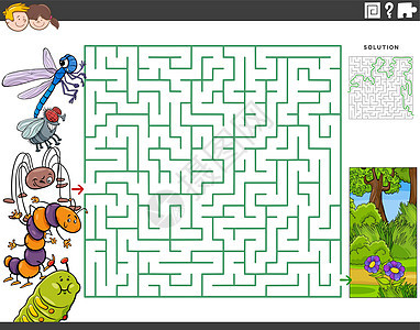 带有卡通昆虫和草地的迷宫教育游戏图片