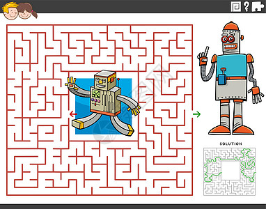 与卡通机器人的迷宫教育游戏高清图片