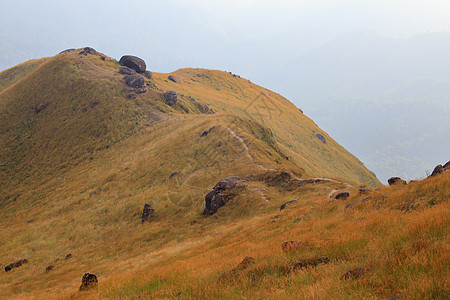 晚上山上的草地是阳光明媚的岩石自然景观农村场地场景晴天背景勘探植物爬坡图片