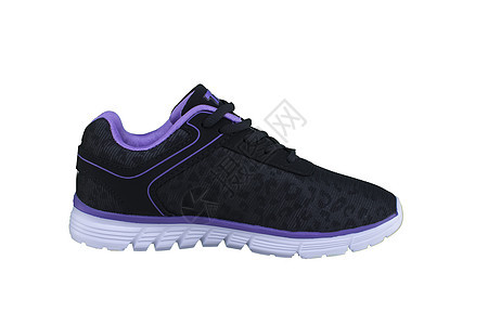 黑色运动鞋 白色鞋底搭配紫色点缀 在白色背景上的运动鞋图片