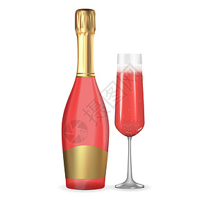 逼真的 3D 香槟玫瑰粉色和金色瓶子和玻璃图标隔离在白色背景上 矢量图 Eps1饮料酒精庆典空白奢华产品插图包装派对绿色图片